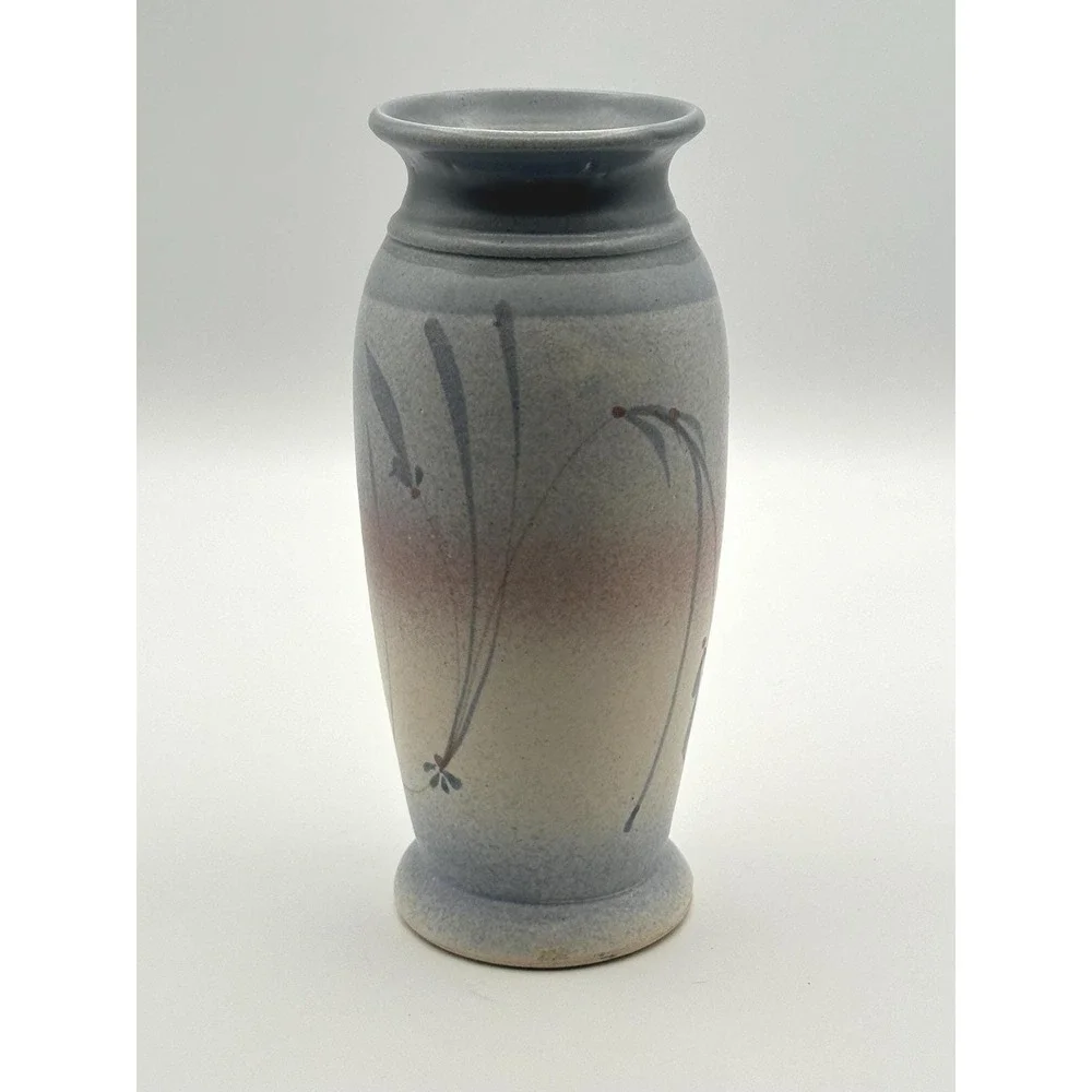 Westlin Signed Studio Pottery Vase Blue Mauve Floral Hand Painted Ceramic Decor